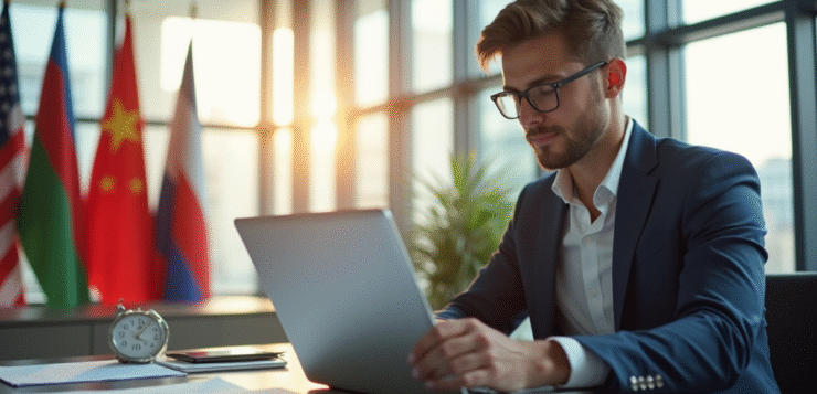 Jeune professionnel confiant travaillant sur un ordinateur dans un bureau moderne avec drapeaux internationaux