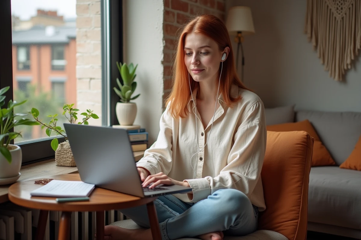 Jeune téléconseillère travaillant depuis chez elle avec un ordinateur portable et des écouteurs sans fil dans un coin cosy de studio