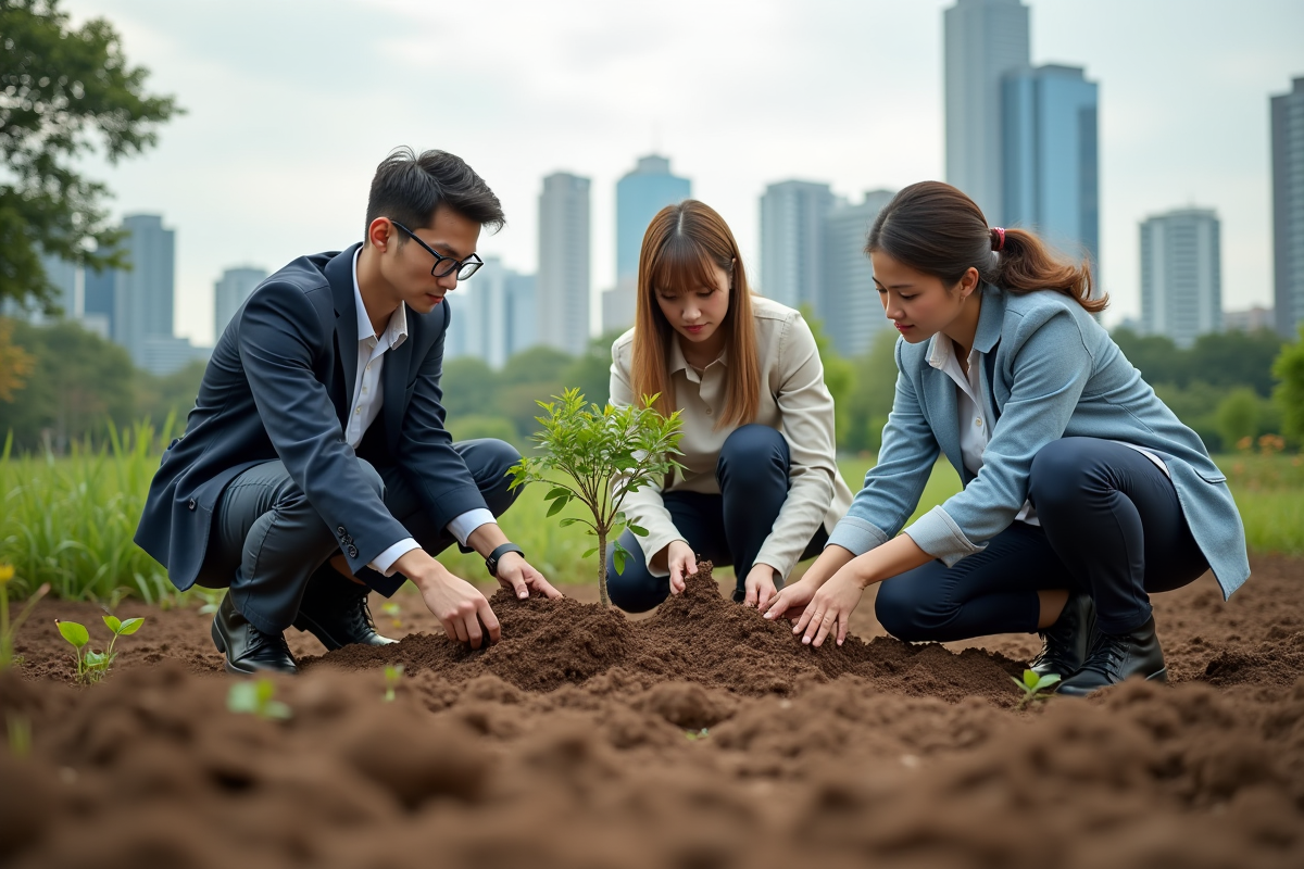 Jeunes professionnels plantant un arbre dans un jardin urbain