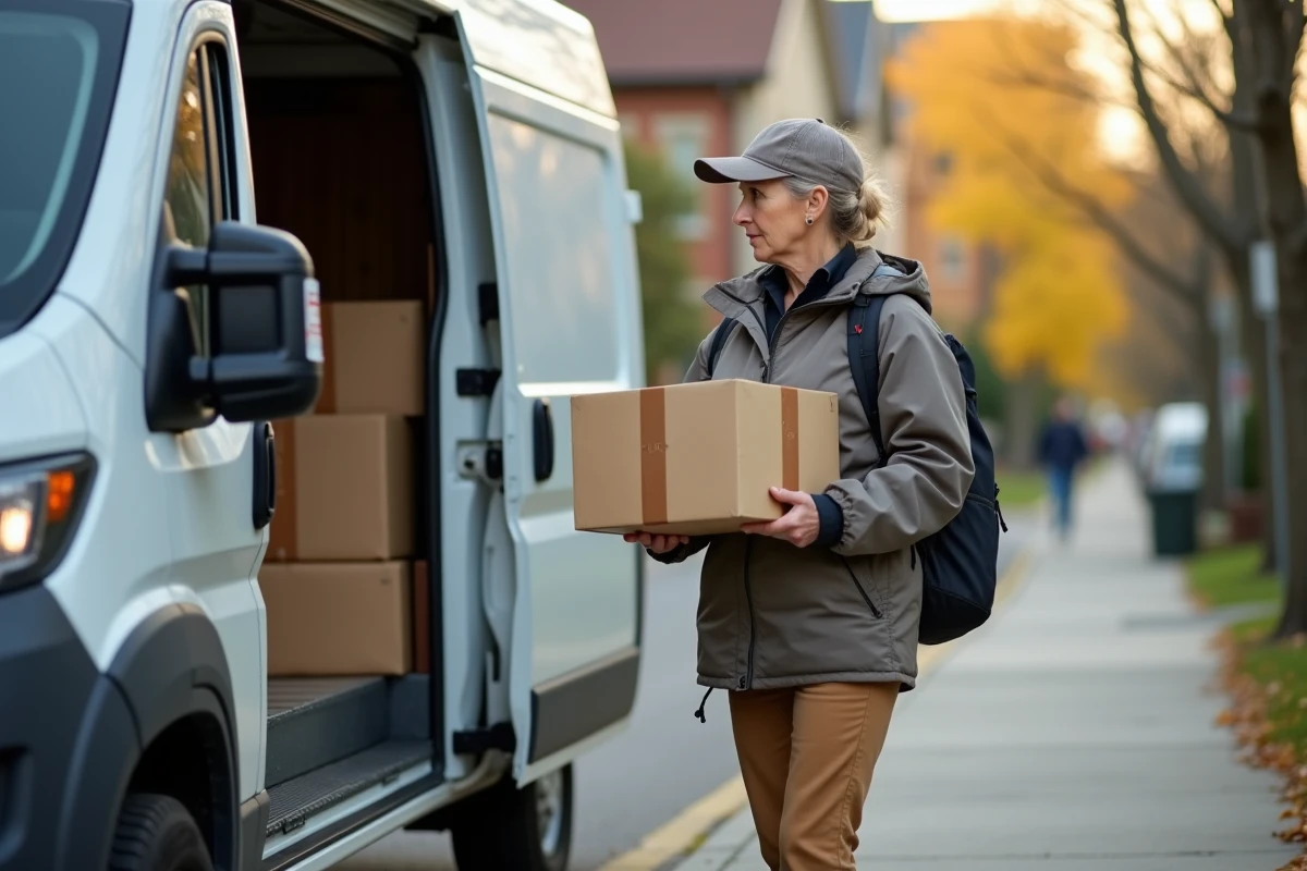 Livreuse avec colis devant sa camionnette en ville