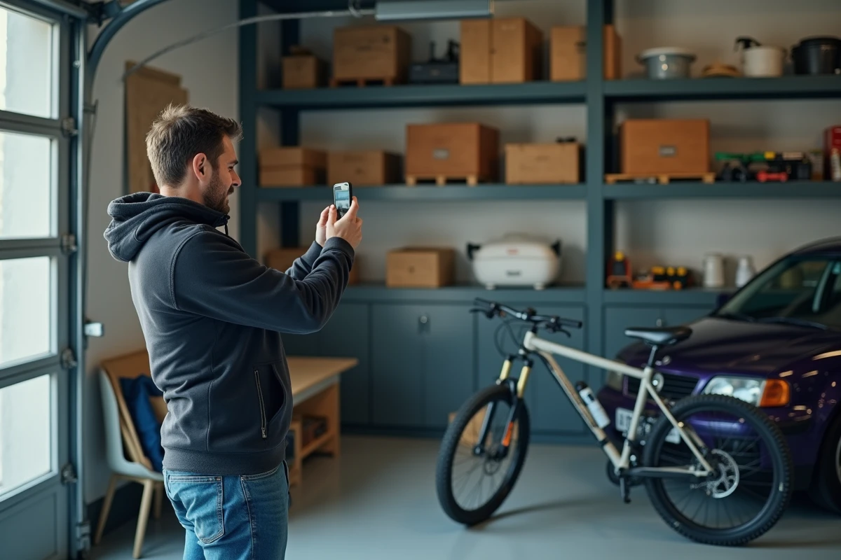 Homme photographiant un vélo dans son garage pour le proposer à la location entre particuliers
