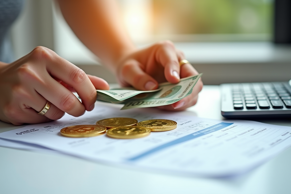 Mains tenant des pièces d or et des dollars canadiens sur une table