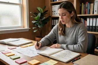 Femme concentrée qui mémorise des marques en K classées par catégories sur des fiches colorées dans un bureau à domicile