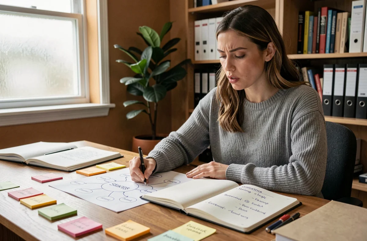 Femme concentrée qui mémorise des marques en K classées par catégories sur des fiches colorées dans un bureau à domicile