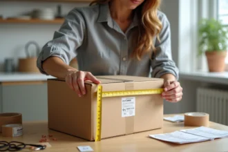 Femme mesurant un colis Colissimo avec un mètre ruban sur une table en bois, préparant un envoi postal