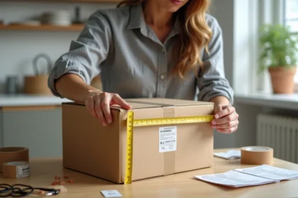 Femme mesurant un colis Colissimo avec un mètre ruban sur une table en bois, préparant un envoi postal