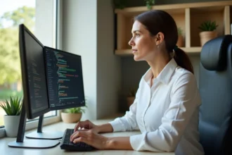 Femme travaillant à domicile sur un poste informatique professionnel avec double écran, illustrant les métiers bien rémunérés en télétravail