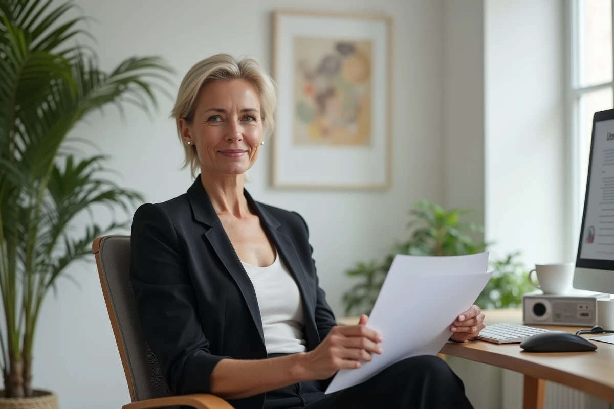 Femme en micro-entreprise à domicile travaillant sur clavier mécanique avec documents imprimés