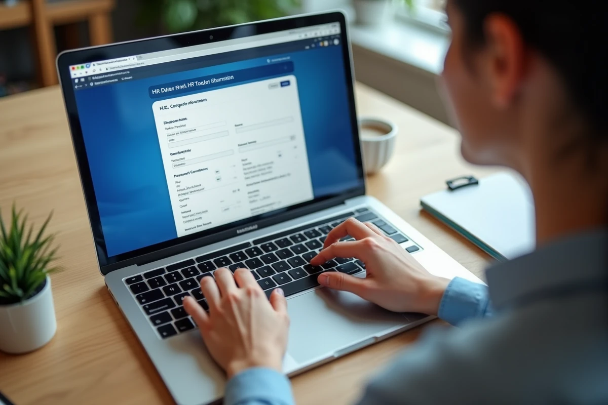 Gros plan des mains d'une employée remplissant un formulaire de mise à jour de données RH sur le portail intralignes Air France depuis son domicile