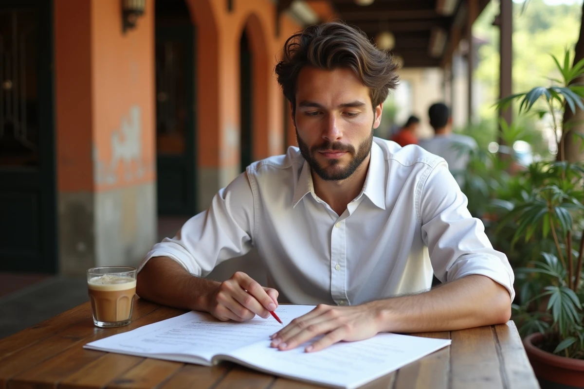 Nomade numérique spécialiste du référencement naturel travaillant sur des rapports SEO en terrasse d'un café traditionnel à Chiang Mai en Thaïlande