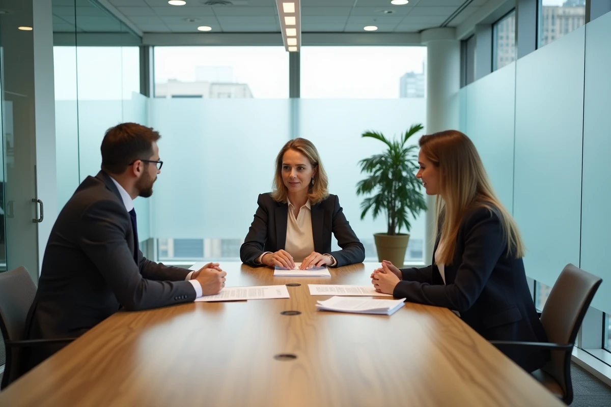 Notaire femme en réunion avec un couple pour la signature d'un acte immobilier dans une salle de conférence moderne