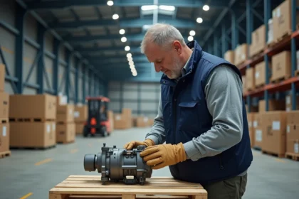 Ouvrier inspectant un produit manufacturé dans un entrepôt de commerce international