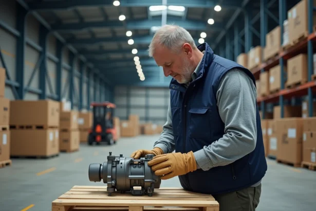 Ouvrier inspectant un produit manufacturé dans un entrepôt de commerce international