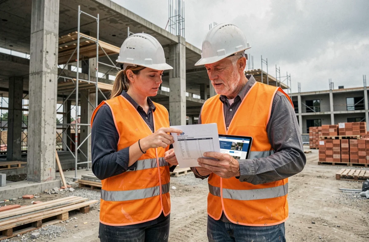 Deux ouvriers du BTP consultant un devis imprimé sur un chantier de construction résidentiel