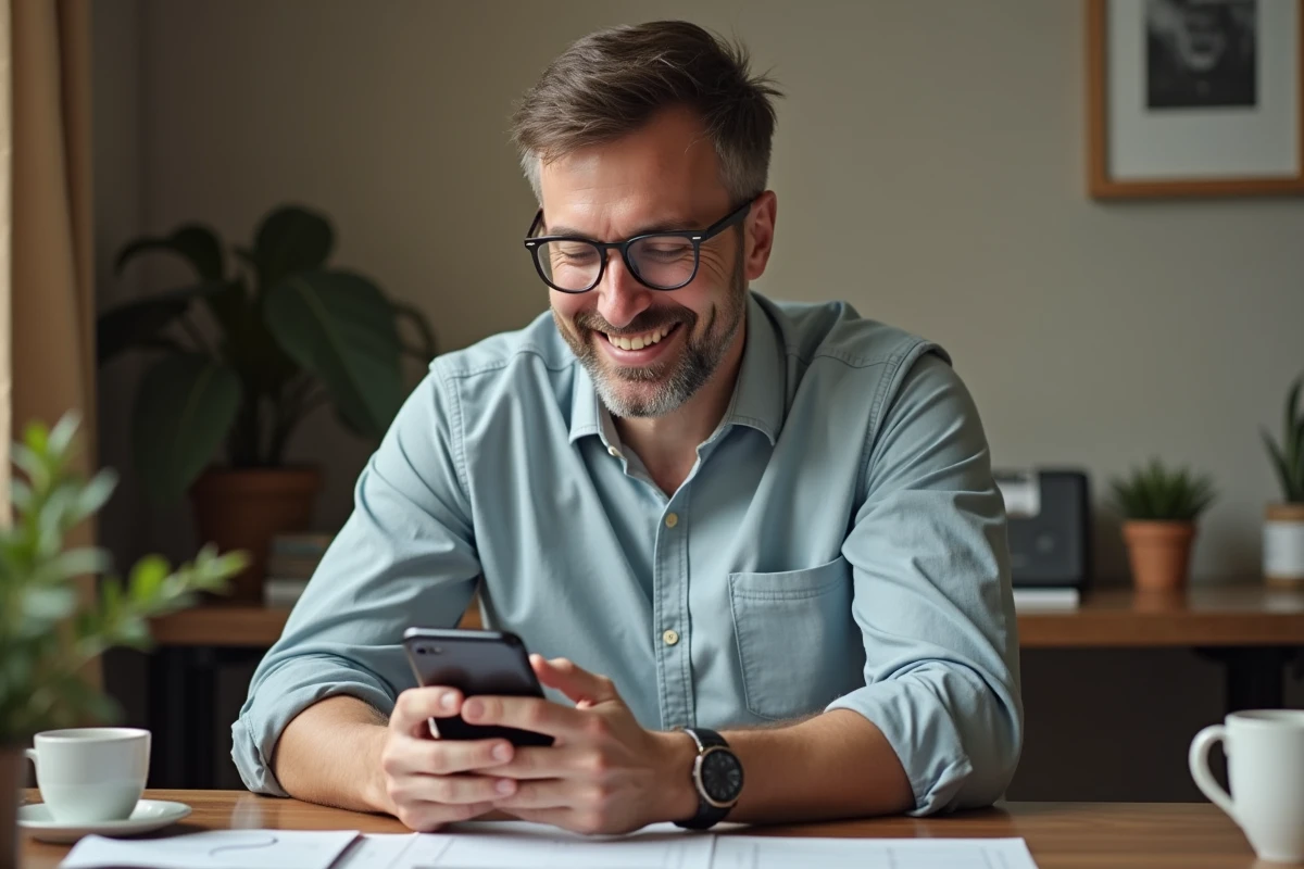 Homme consultant une offre de parrainage et une offre de bienvenue sur son smartphone depuis son bureau à domicile