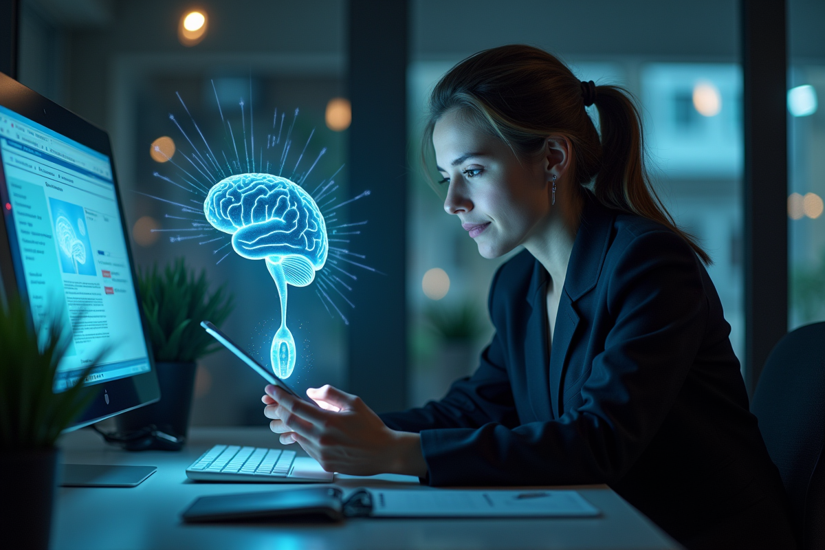 Personne regardant un cerveau holographique sur une tablette dans un espace moderne