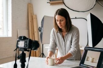 Photographe e-commerce arrangeant une tasse en céramique pour une prise de vue produit précise en studio minimaliste