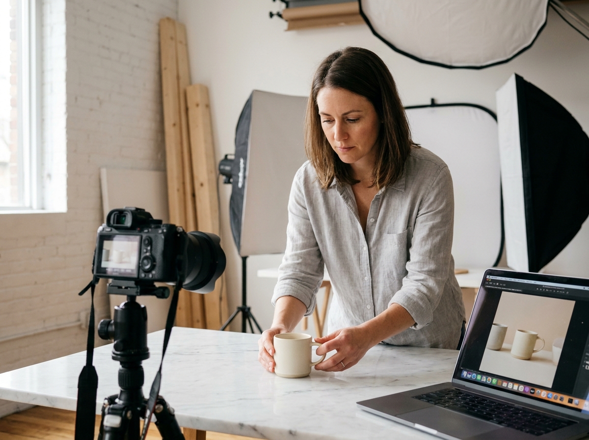 Photographe e-commerce arrangeant une tasse en céramique pour une prise de vue produit précise en studio minimaliste