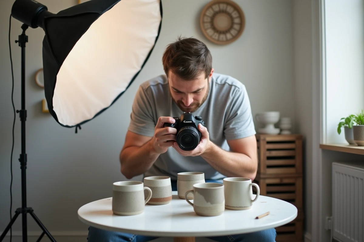 Homme photographiant des céramiques artisanales dans un mini studio photo à domicile