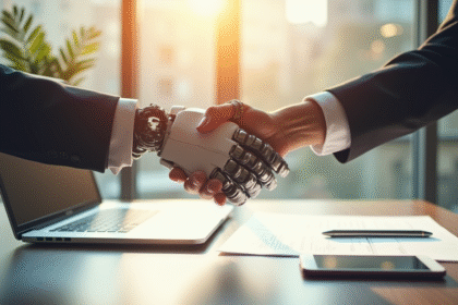 Main humaine serrant une main robotique sur un bureau lumineux