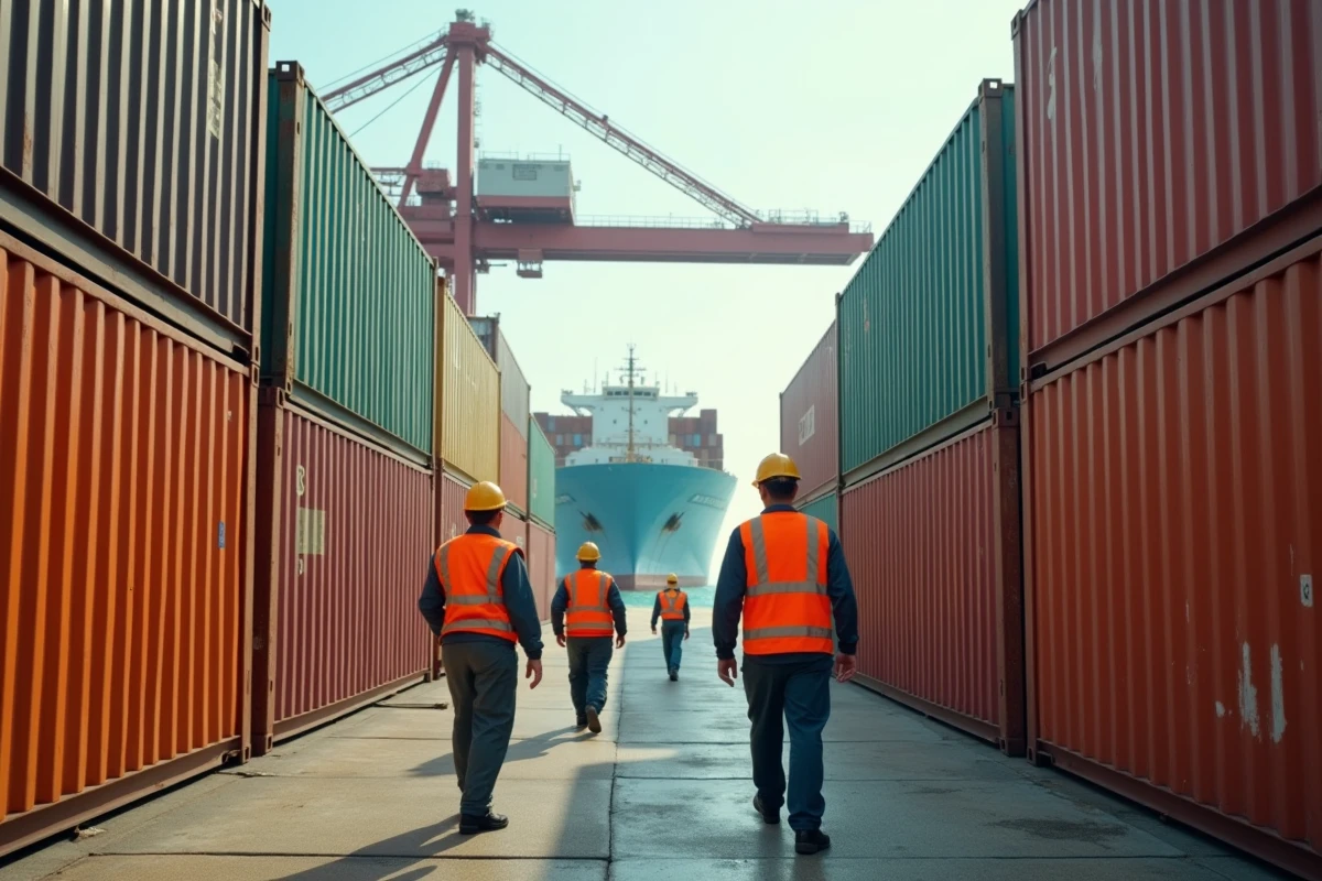 Port international de fret avec containers et travailleurs dans le contexte du commerce de produits manufacturés