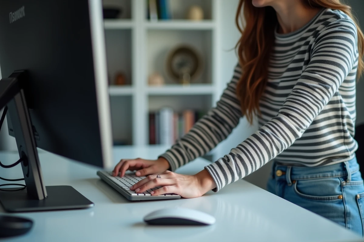 Femme positionnant correctement ses poignets sur un repose-poignet clavier pour éviter les douleurs au bureau à domicile