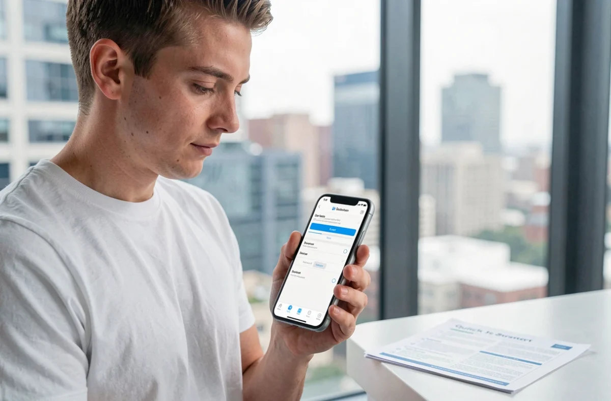 Jeune professionnel configurant pour la première fois les réglages de My Arkevia sur smartphone avec guide de démarrage