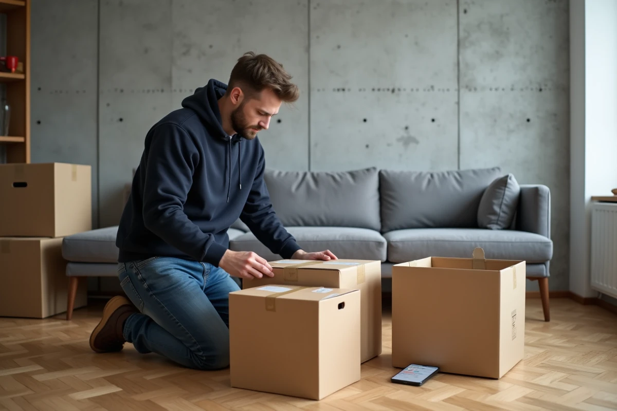 Jeune homme préparant et comparant plusieurs boîtes Colissimo de différentes tailles dans un appartement