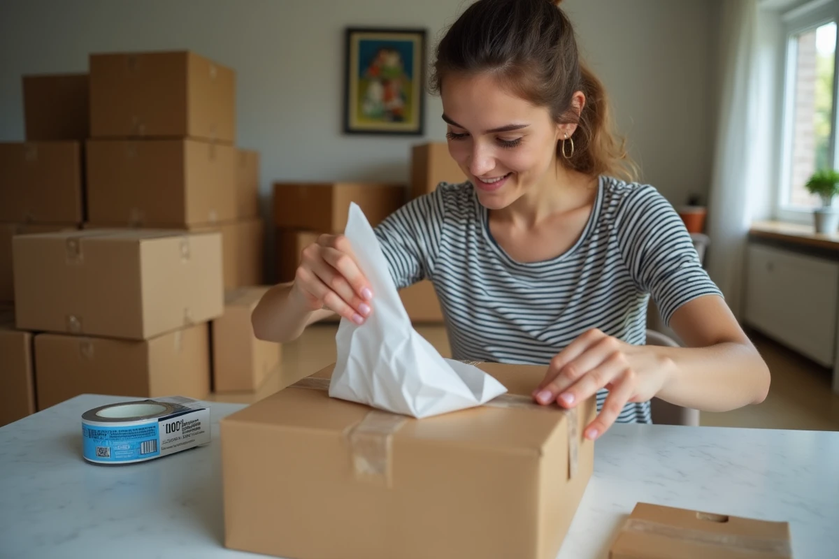 Jeune femme préparant des colis depuis chez elle pour une boutique en ligne