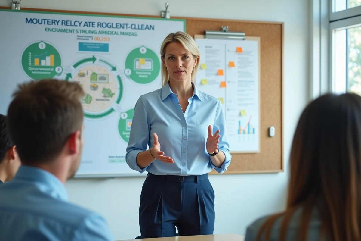 Femme présentant les piliers de la RSE sur un infographique mural lors d'une réunion d'entreprise