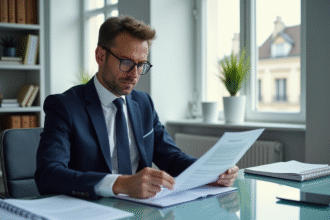 Professionnel français en costume vérifiant des documents juridiques