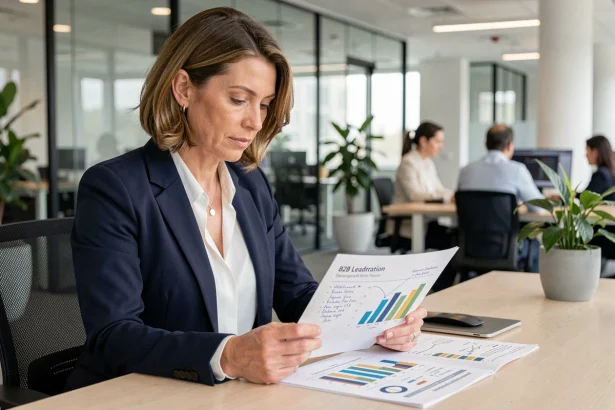 Professionnelle analysant un rapport de génération de leads B2B dans un bureau moderne
