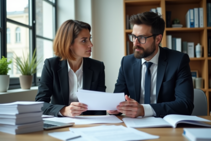 Deux professionnels en réunion dans un bureau moderne