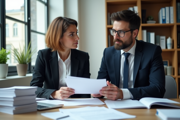 Deux professionnels en réunion dans un bureau moderne