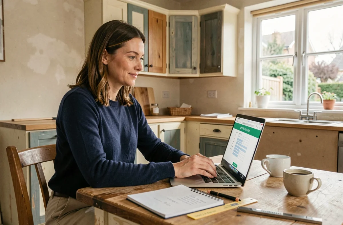 Propriétaire cherchant un devis gratuit de rénovation en ligne depuis sa cuisine en cours de travaux