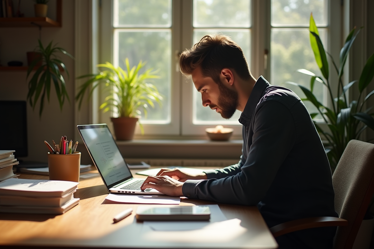 Rédacteur concentré tapant sur un ordinateur portable à un bureau organisé