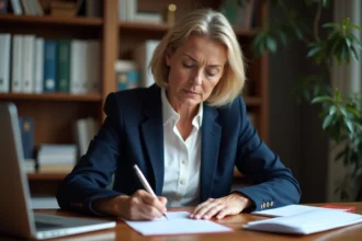 Femme rédigeant une lettre recommandée avec accusé de réception à son bureau à domicile