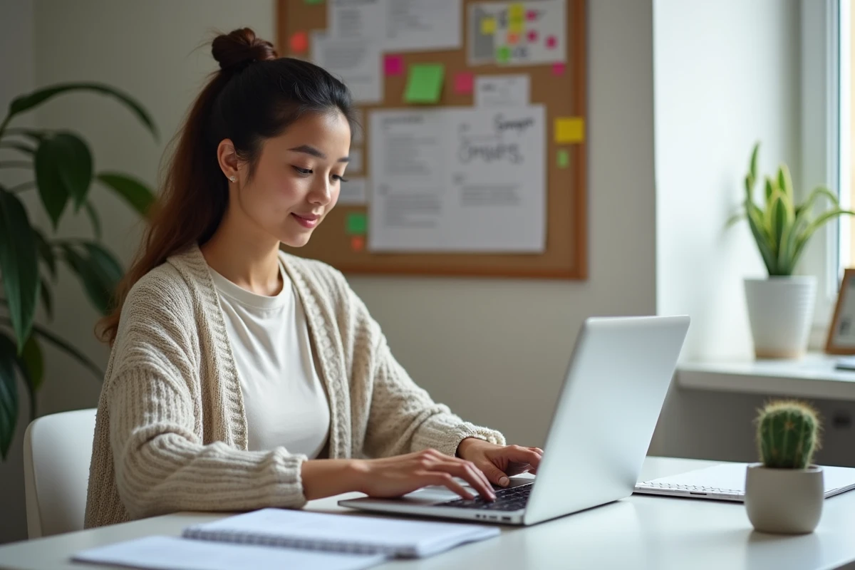 Rédactrice web freelance travaillant sur des articles depuis son bureau à domicile avec un ordinateur portable
