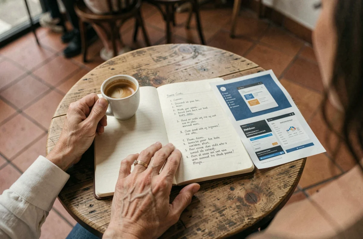 Vue en plongée de mains féminines prenant des notes dans un carnet avec des captures d'écran de plateformes digitales sur une table de café, illustrant la réflexion stratégique autour du choix entre Systeme.io et Stan.store