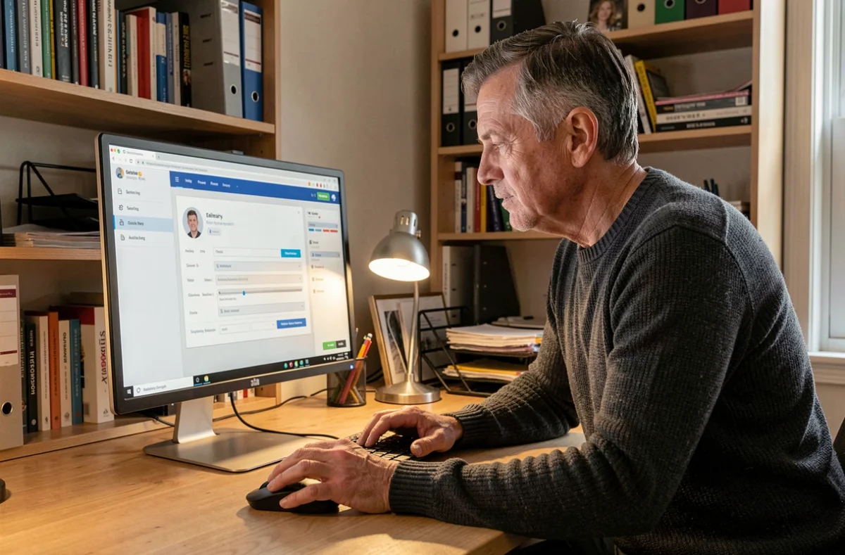 Homme vérifiant les réglages initiaux de son espace personnel sur My Arkevia depuis un bureau à domicile