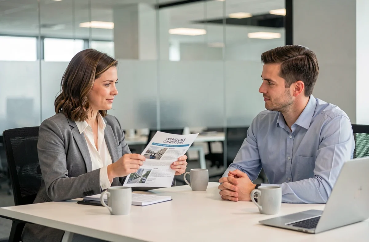 Représentante du personnel présentant un rapport sur les conditions de travail à un responsable RH dans un bureau vitré
