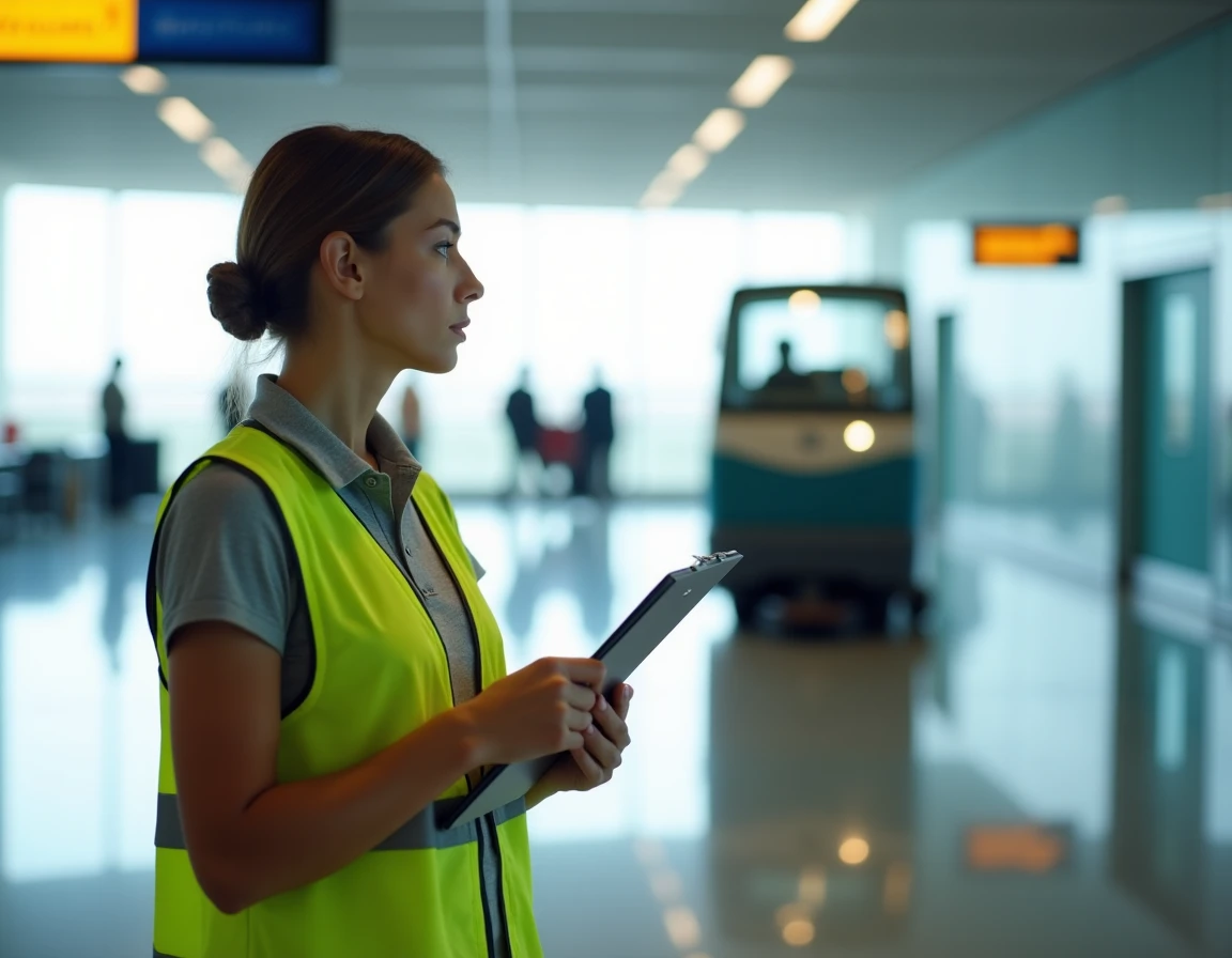 Responsable de propreté inspectant un couloir d'aéroport après nettoyage avec une autolaveuse autoportée