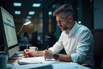 Responsable RH qui examine des feuilles de paie avec des erreurs de calcul de salaire de nuit dans un bureau tard le soir