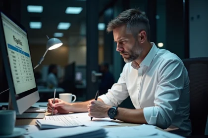 Responsable RH qui examine des feuilles de paie avec des erreurs de calcul de salaire de nuit dans un bureau tard le soir