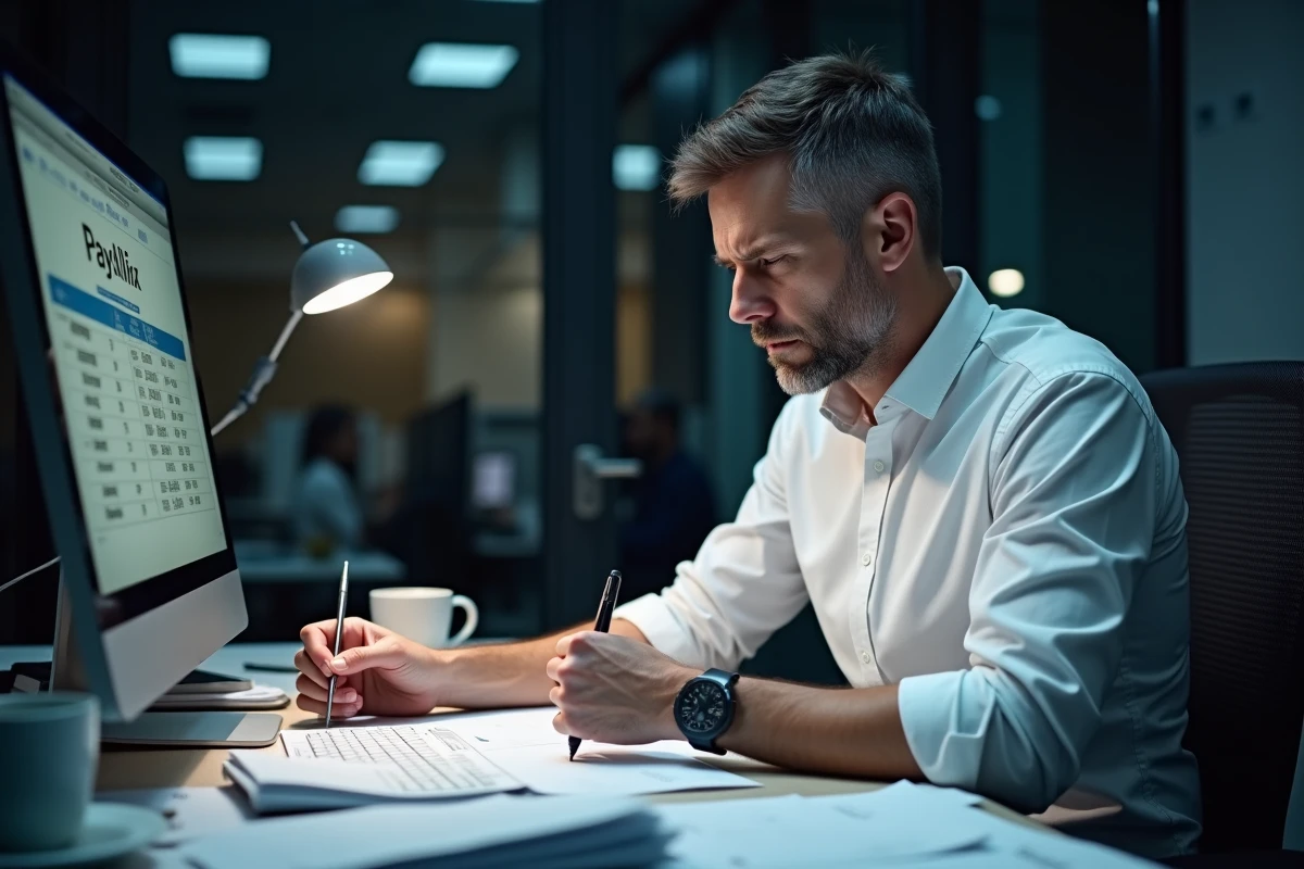 Responsable RH qui examine des feuilles de paie avec des erreurs de calcul de salaire de nuit dans un bureau tard le soir