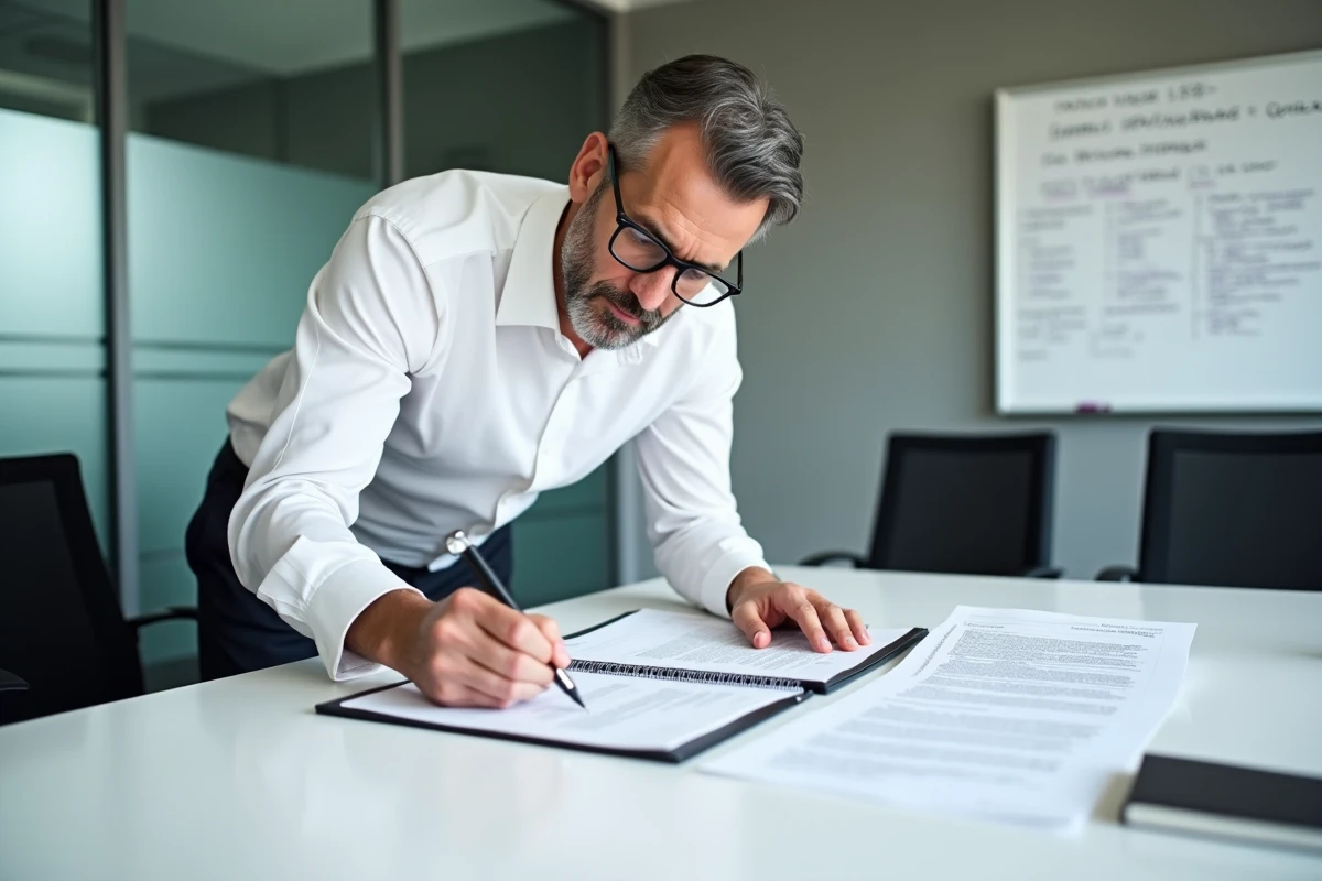 Responsable RH annotant un contrat de travail avec un manuel du droit du travail pour distinguer jours ouvrables et ouvrés