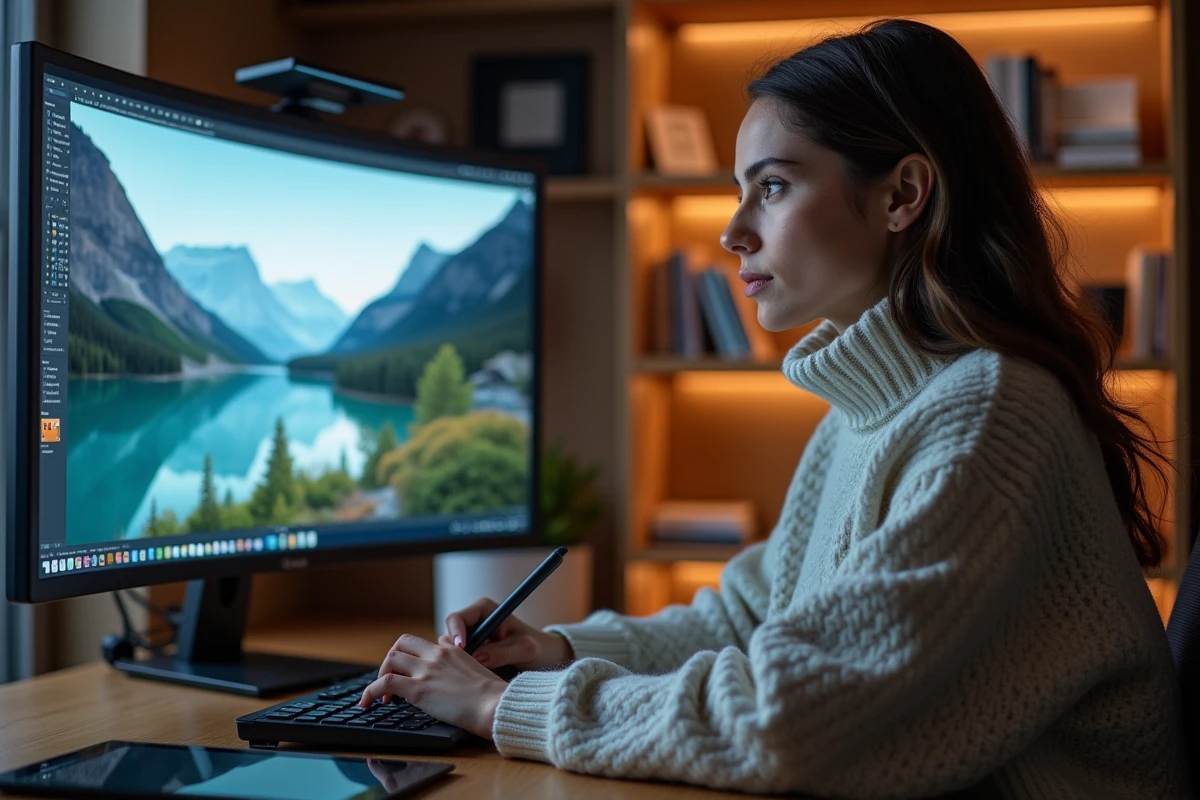 Femme retouchant des photos sur grand écran dans son espace de travail à domicile