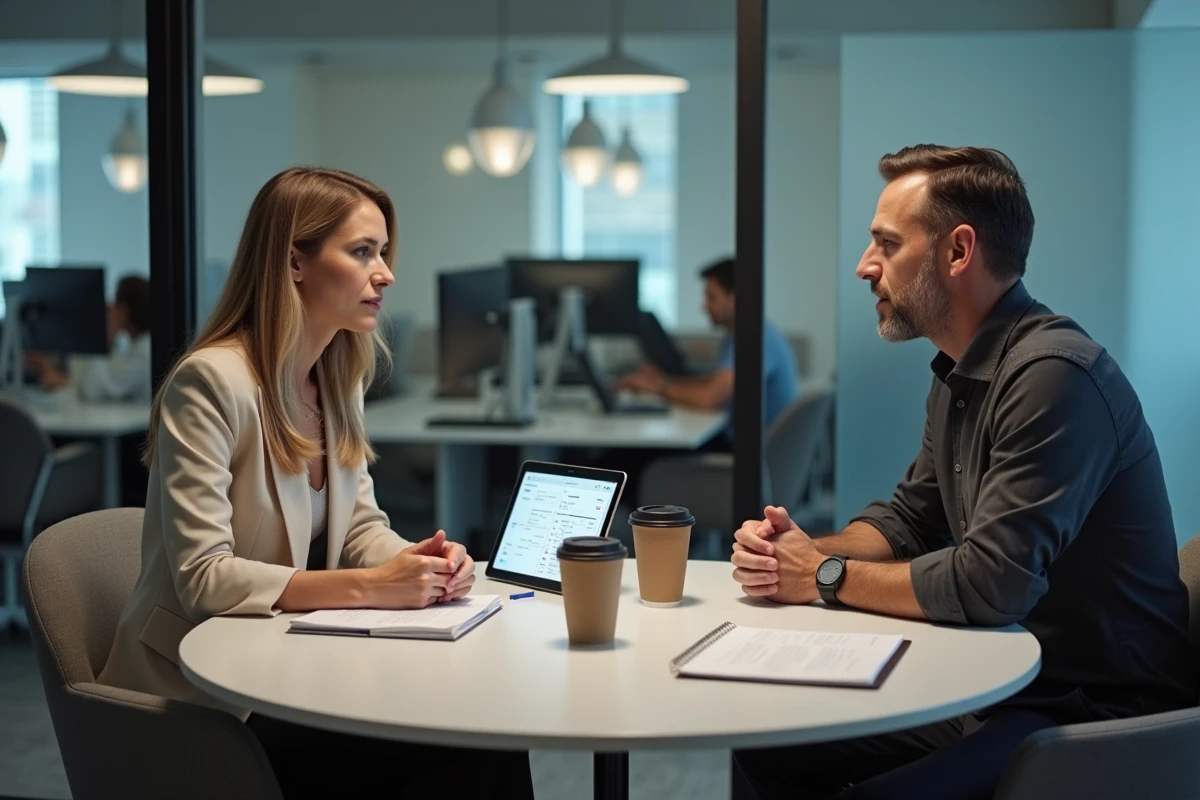 Deux professionnels comparant les services et tarifs d'Easy Prospect lors d'une réunion dans un espace de coworking