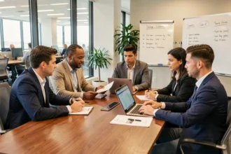 Réunion du CSE Altran sur la santé, la sécurité et les conditions de travail dans une salle de conférence moderne