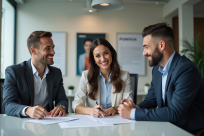 Trois acteurs en réunion d'affaires dans un bureau moderne